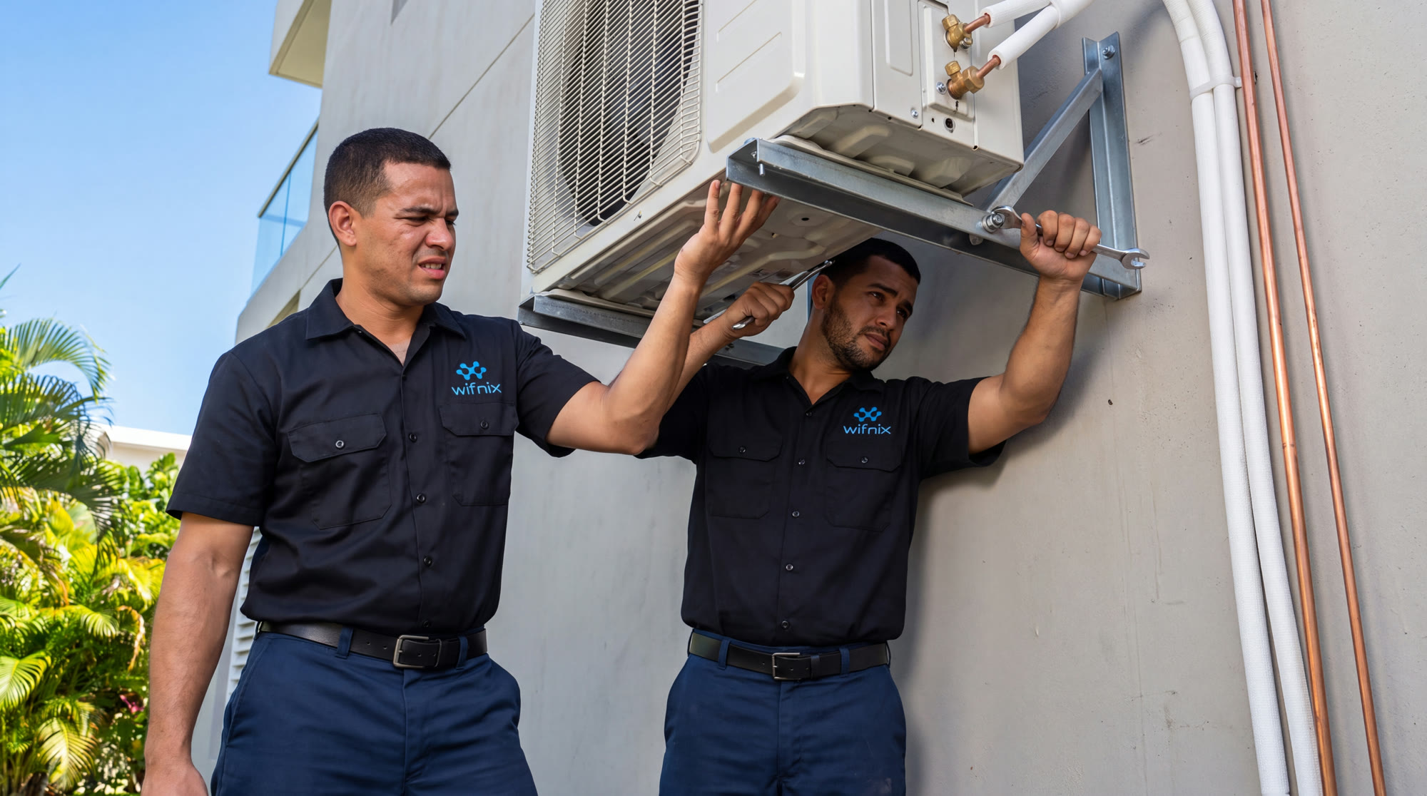 Dos tecnicos de Wifnix montando la unidad exterior de un aire acondicionado